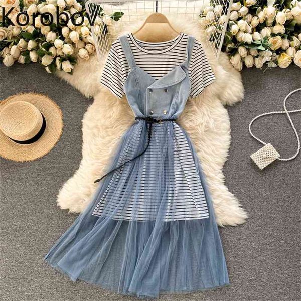 

preppy style suit two piece set women striped long tshirt sling gauze dress femme roupas chic sweet 2 210519, White