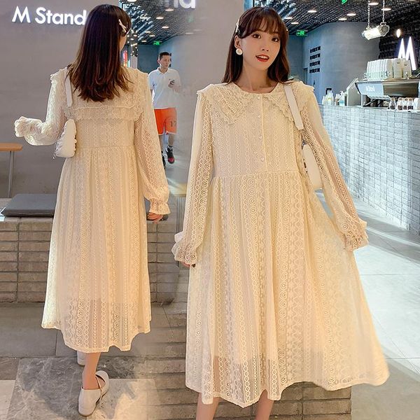 

maternity dresses 1512# clothes spring autumn long sleeves lace plain midi dress loose fashion pregnant women mom, White