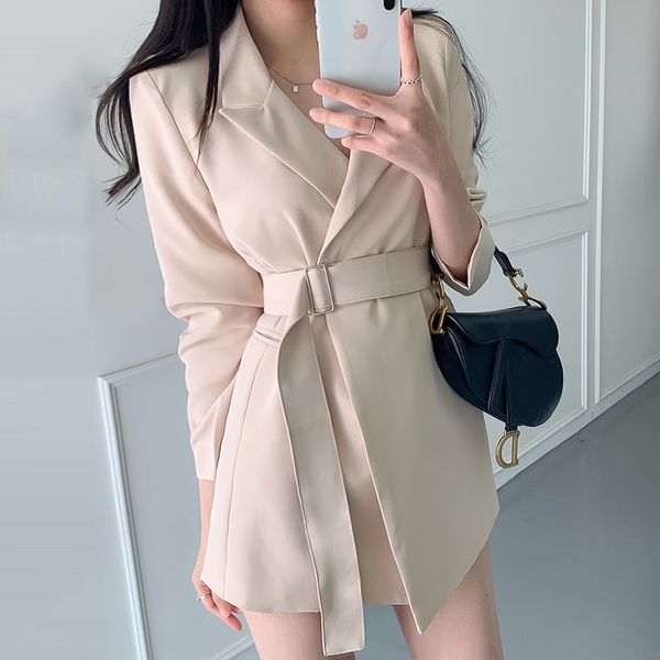 

[ewq] spring new ladies elegant simple and stylish blazer collar solid color long sleeve sashes waist slim suit coat women 210423, White;black
