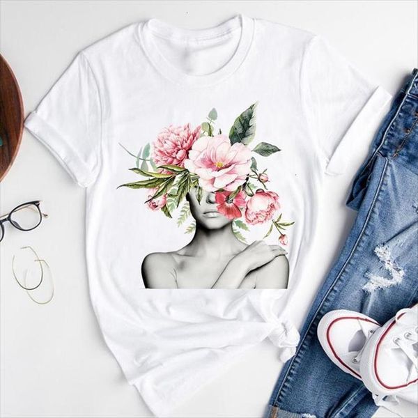 

graphic cartoon floral flower womens t shirts 90s short sleeve summer fashion print female clothes tees shirt, White