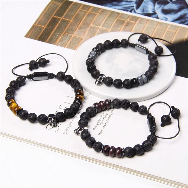 

beaded, strands skull charm bracelets for men women natural stone lava beads bracelet gothic punk rock essential oil diffuser energy jewelry, Black