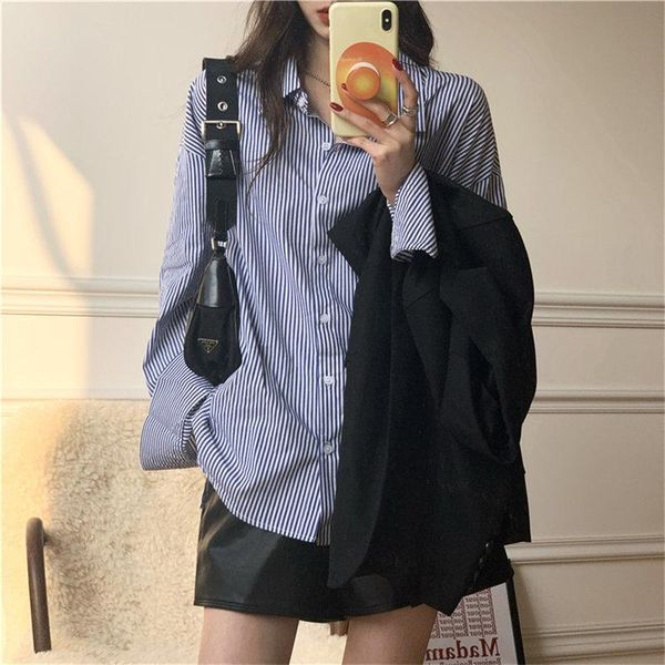 

women's blouses & shirts hzirip blue striped oversize loose vintage stylish femme retro gentle chic casual streetwear women, White
