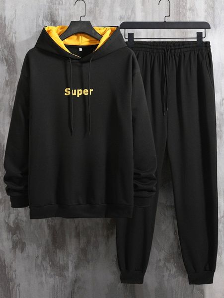 

men letter graphic drop shoulder drawstring hoodie & sweatpants b1jk#, Gray