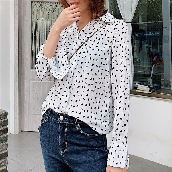 

women chic print asymmetry loose blouses fashion lapel collar long sleeve chiffon female shirts white women's &