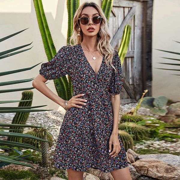 

fashion boho printed summer women dress v-neck puff short sleeve holidady female dress vestidos w9127 210526, Black;gray