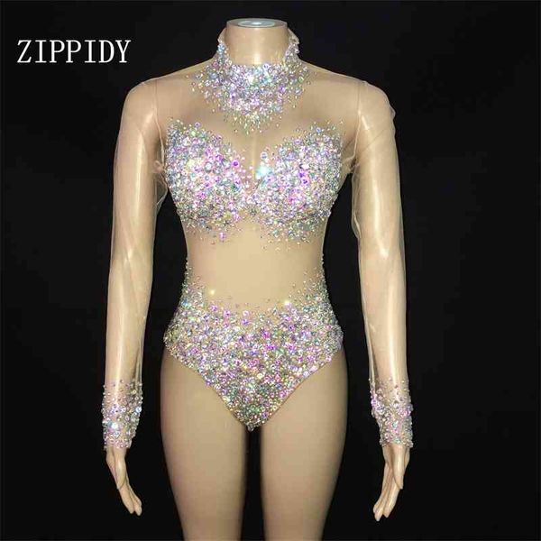 

transparent mesh ab stones bodysuit eveing party outfit rhinestones rompers women singer team dancer stage jumpsuits costume 210622, Black;white