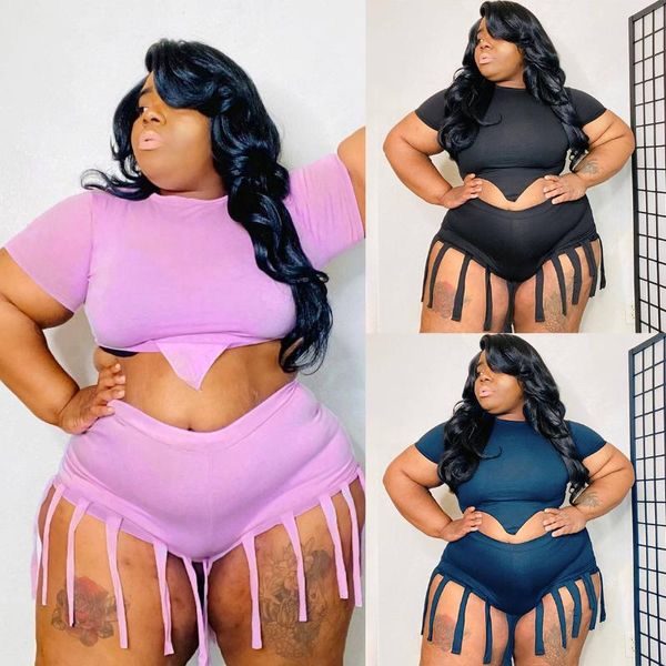 

women's tracksuits plus size solid color clothing short sleeved round neck fashion tassel irregular casual loose suit drop, Gray