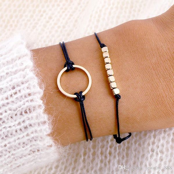 

2pcs/set Simple Gold Charm Bracelet Women Adjustable Black Leather Rope Bracelets Delicate Round Bracelet Boho Fashion Jewelry, Golden;silver