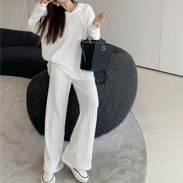 

women's two piece pants solid color casual outfits loose knitted long sleeve hooded + wide leg fashion autumn two-piece se, White
