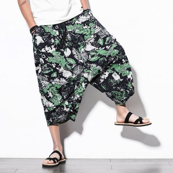 

men's pants mrgb summer cotton wide leg men chinese style casual beach ankle-length harem print vintage trousers male, Black