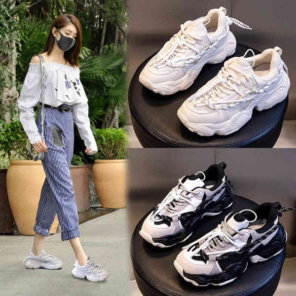 

women's shoes ins fashion net red autumn 2021 sports breathable daddy leisure thick soled leather women's, Black;white