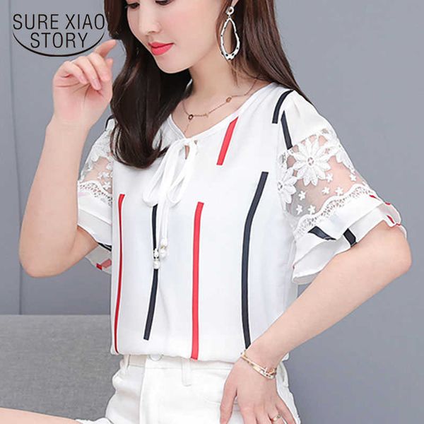 

plus size 4xl o-neck bow shirts blusas blouse shirt women summer blouses ladies chiffon petal sleeve casual loose 4003 50 210528, White
