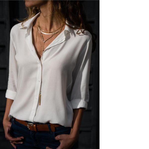

women's blouses & shirts women long sleeve deep v button chiffon ladies office turndown collar loose casual plus size camisa feminina, White