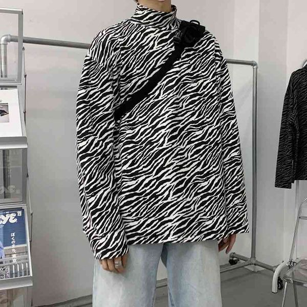 

men's t-shirts zebra t-shirt pattern harajuku retro stripe t shirt men streetwear personality long sleeve high collar tshirt mens, White;black