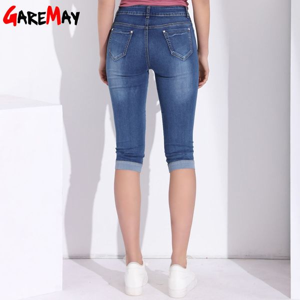 

garemay plus size skinny capris jeans woman female stretch knee length denim shorts pants women with high waist summer, Blue