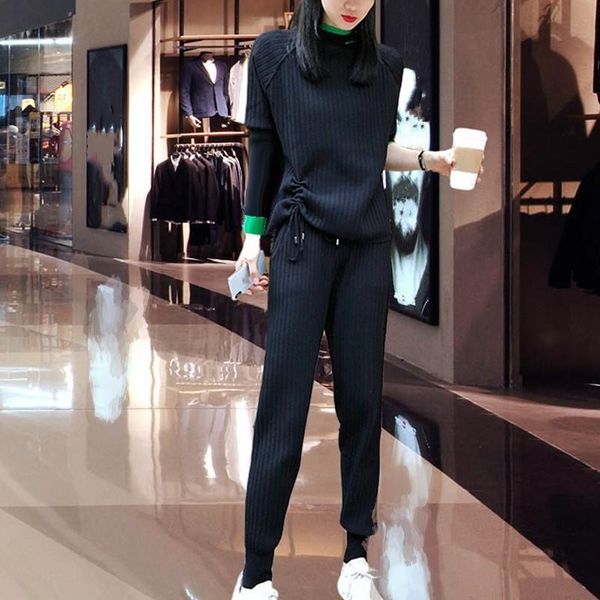 

two piece dress europe style knitted casual 2 pieces set pockets long sleeve blouse and pants knitting sport suit, White