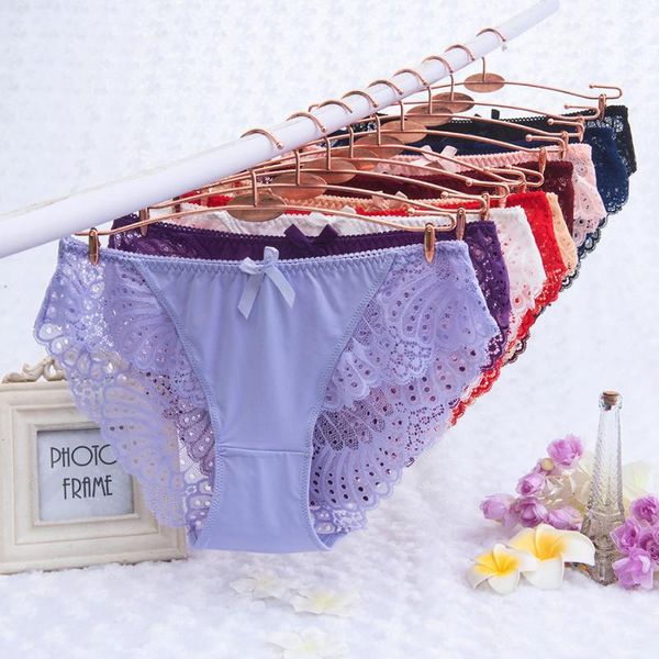 

women's panties hollow low waist briefs underwear splicing transparent lace breathable cotton crotch wholesale, Black;pink