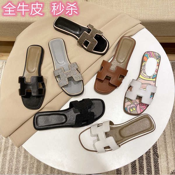 

[full cattle hide]net red h slippers women summer flat bottomed leather new h sandals korean beach one line zlh, Black