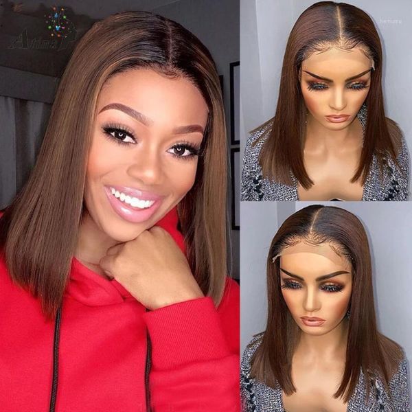 

ombre honey blonde blunt cut short bob straight human hair wig 4*4 lace closure wigs for black women preplucked 150 density remy1, Black;brown