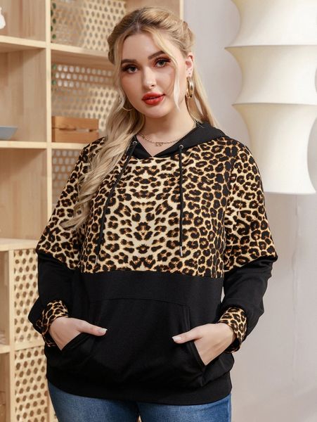 

plus leopard print kangaroo pocket drawstring hoodie u41a#, Black