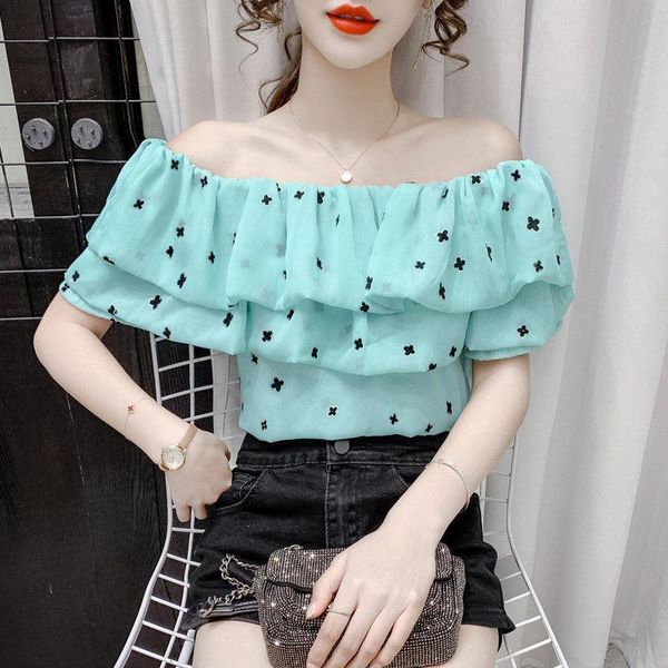 

women's t-shirt easycore off-shoulder chiffon blouses women korean trend ruffle floral crop, White