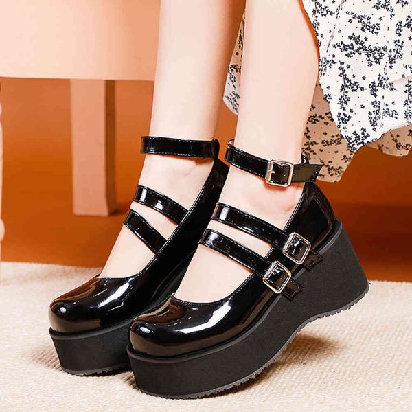 

sandals female round toe punk cos lolita marry jane shoes platform high wees buckle women fashion pumps, Black
