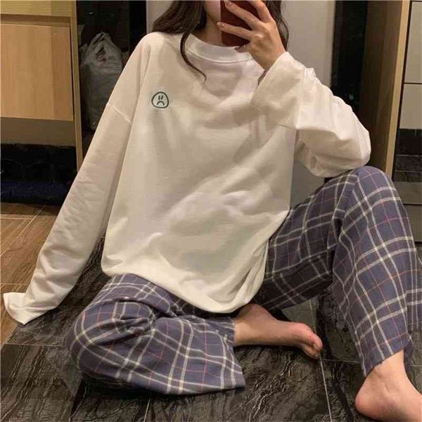 

sleep + plaid pants pajamas for women home clothes two piece set room wear pyjama sleepwear set for sleep spring pj sets 210330, Black;red