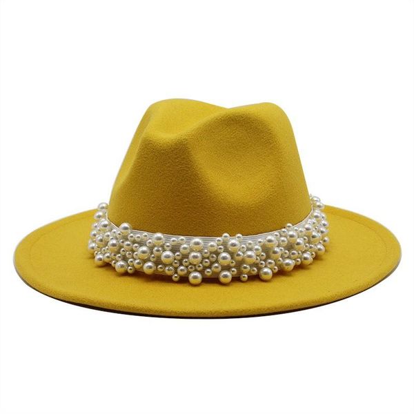 

party hats wool jazz fedora casual men women leather pearl ribbon felt hat white pink yellow panama trilby formal cap 58-61cm