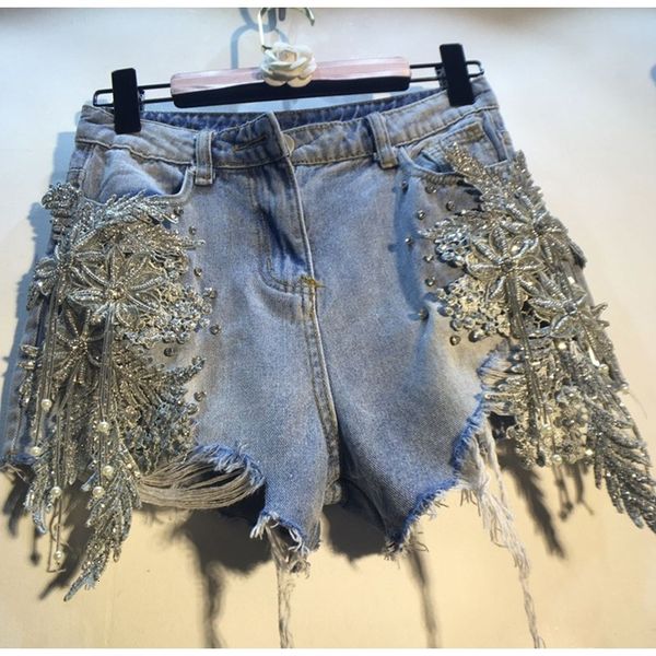 

women's jeans whitney wang shorts spring summer fashion streetwear sequins lace florals tassel denim women plus size 5xl p1dl, Blue