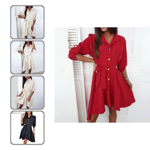 

casual dresses retro mini dress high waist breathable solid color buttons closure shirt, Black;gray