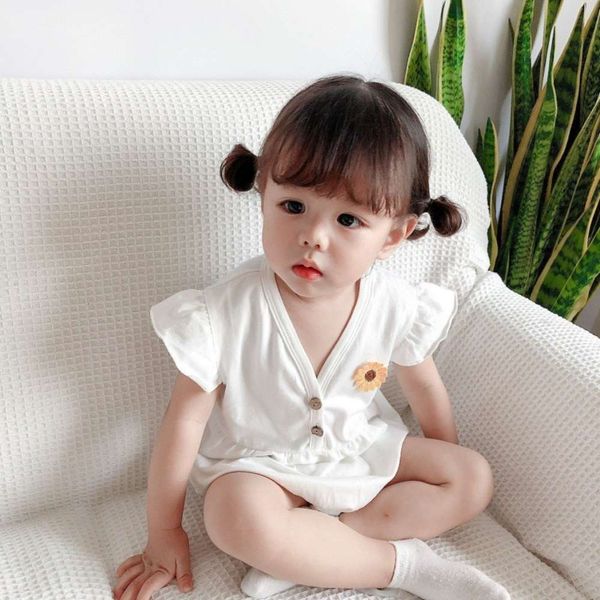 

three color baby daisy onesie summer girl thin born short sleeve bag fart, White