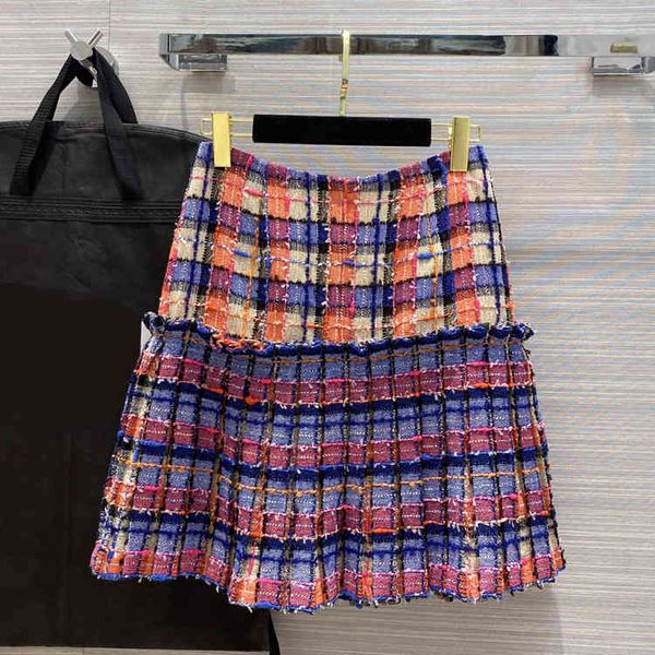 

dress runway colorful tweed plaid mini women vintage fashion patchwork ruffles skirts summer high waisted a-line skirt, Black;gray