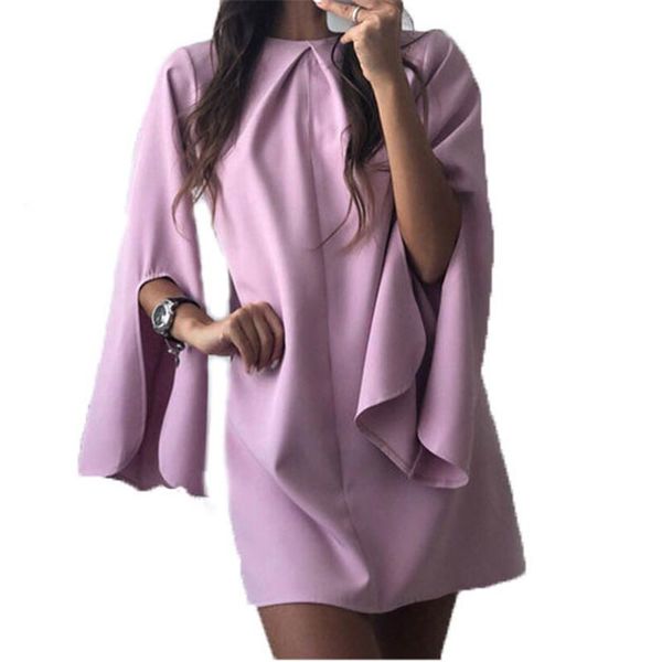 

women spring solid color split flare long sleeve o-neck mini dress ol casual party elegant dresses, Black;gray