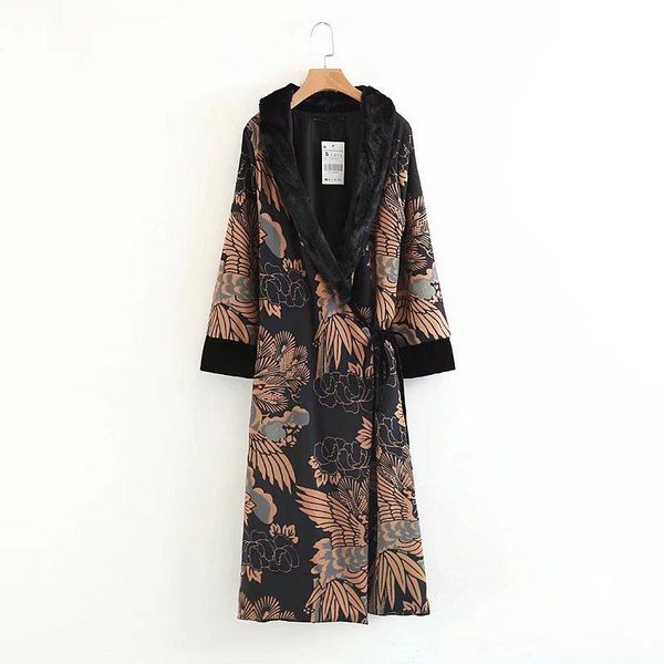 

women's trench coats women floral print black female fur collar v-neck belt vintage long sleeve national style outwear, Tan;black