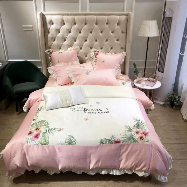 

bedding sets pink/white blue luxury tropical flowers embroidery silk cotton girl set ruffle duvet cover bed sheet/linen pillowcases