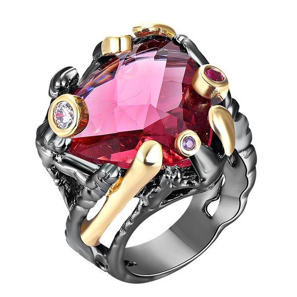 

exaggerated bigtriangle zircon fuchsia stone, 2 tone black, irregula finger ring cocktail fashion party jewelry for women, Golden;silver