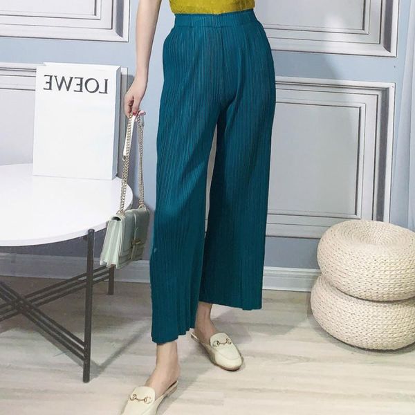

women's pants & capris 2021 summer elastic miyake pleated solid colour casual loose split large size wide leg ankle length, Black;white