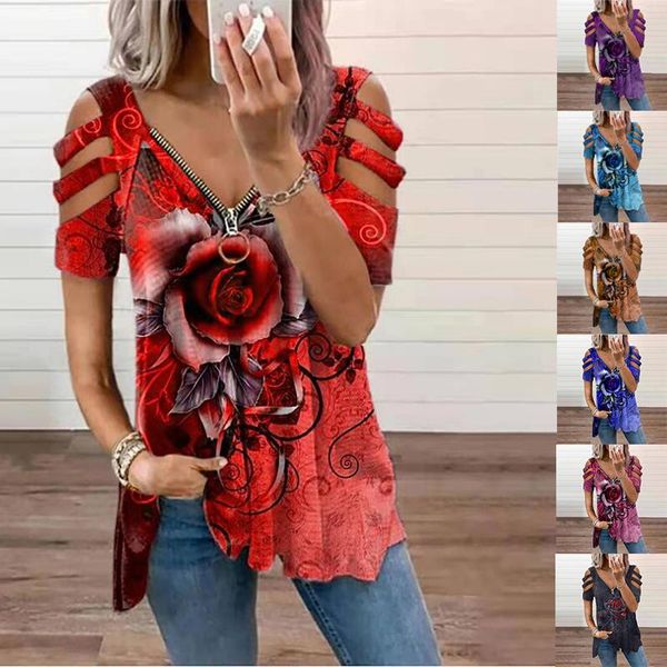 

women's t-shirt 2021 casual loose spring and summer fashion rose flower print v-neck zipper short sleeved women clothing, White