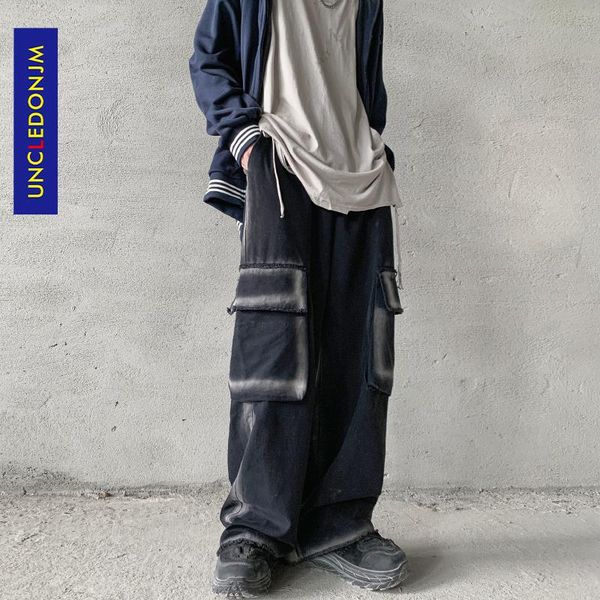 

large pocket cargo pants men japanese fashion mens street wear overalls clothing harem an-2058 men's, Black
