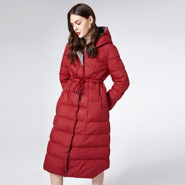 

women's runway down coats hooded collar long sleeves white duck down lace up fashion overcoat outerwear thick warm parkas, Black