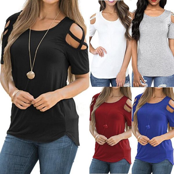 

women's t-shirt 2021 summer hollow design round neck short sleeve strapless blouse t shirt female camisetas de mujer crop top, White