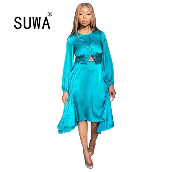 

wholesale product solid color stain elegant work wear women dress front hollow out long sleeve a-line midi dresses 210525, Black;gray