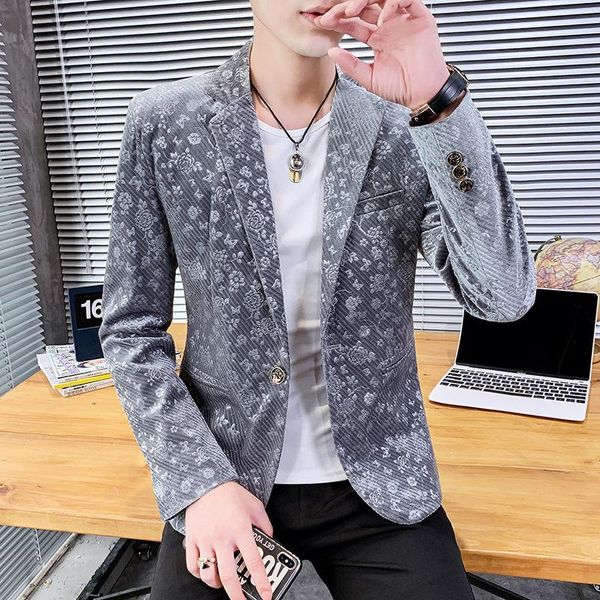 

men's autumn pleuche floral suit youth jacquard slim long sleeve single button casual blazer suits & blazers, White;black