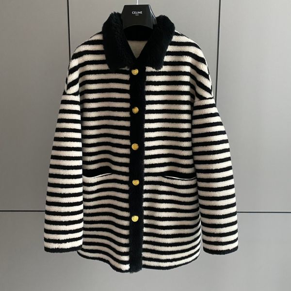 

wind black and white stripe lapel medium long granular fur coat