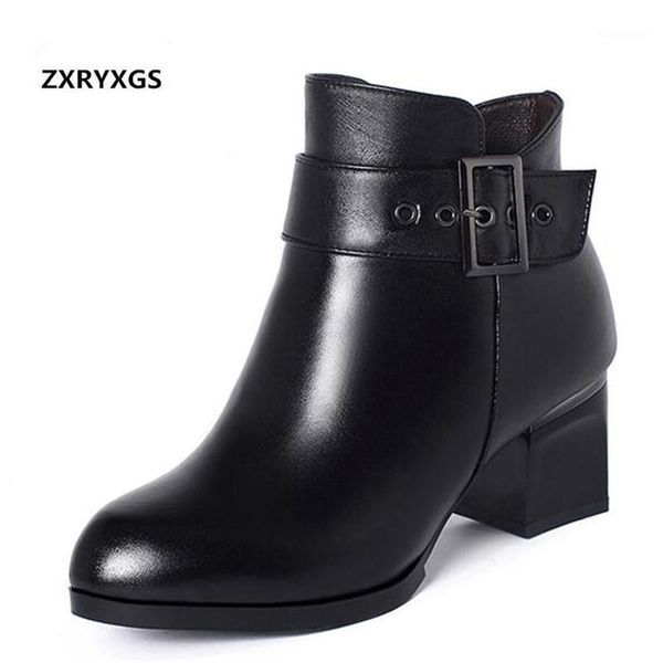 

boots 2021 plus size metal matte cowhide snow women thick heel non-slip genuine leather shoes woman warm ankle1, Black
