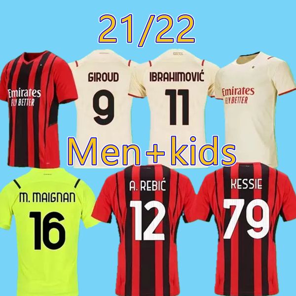 

21 22 ac milan soccer jerseys ibrahimovic 2021 2022 kessie brahim theo giroud rebic football shirt m. maignan goalkeeper maglia da calcio, Black;yellow