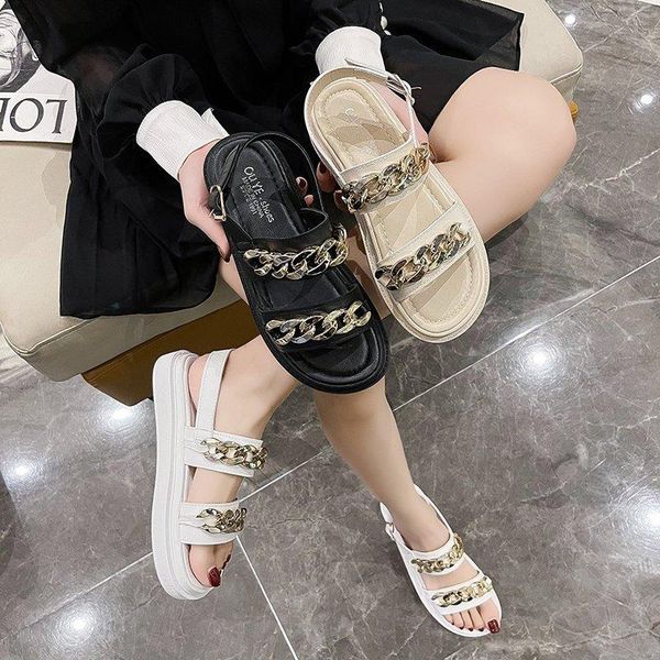 

sandals women 2021 summer style platform shoes chain roman casual wedges, Black