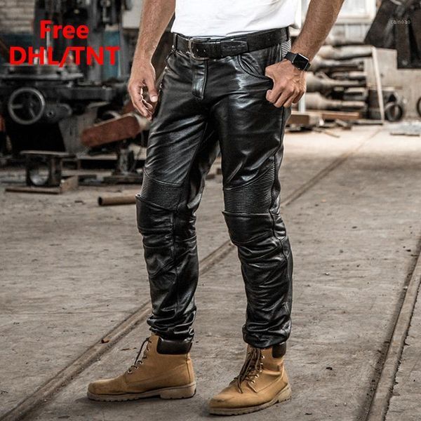 

men motorcycle cowhide trousers brand windproof 100% real genuine leather skinny pants street punk black biker dhl men's