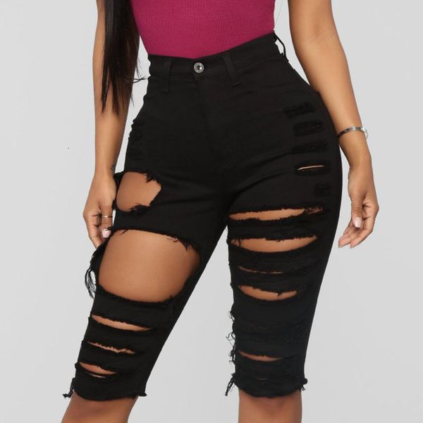 

ripped denim women summer high waist hole destroyed jean short black bodycon shorts jeans 210304, White;black