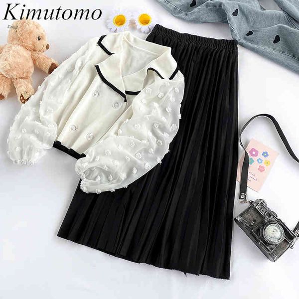 

kimutomo hong kong fashion women set long sleeve mesh stitching knitted high waist wild black solid skirt two piece suit 210521, White